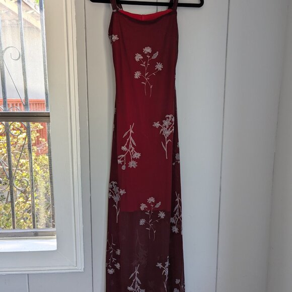 Vintage Y2K Red Floral Mesh Maxi Dress Ezen Small - Picture 1 of 11